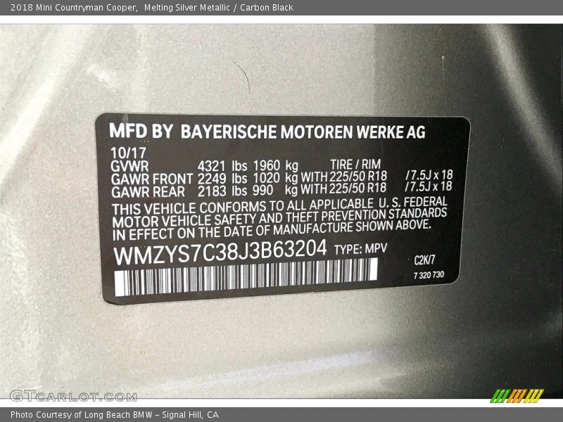 2018 Countryman Cooper Melting Silver Metallic Color Code C2K