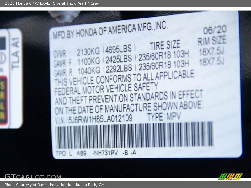 Crystal Black Pearl / Gray 2020 Honda CR-V EX-L
