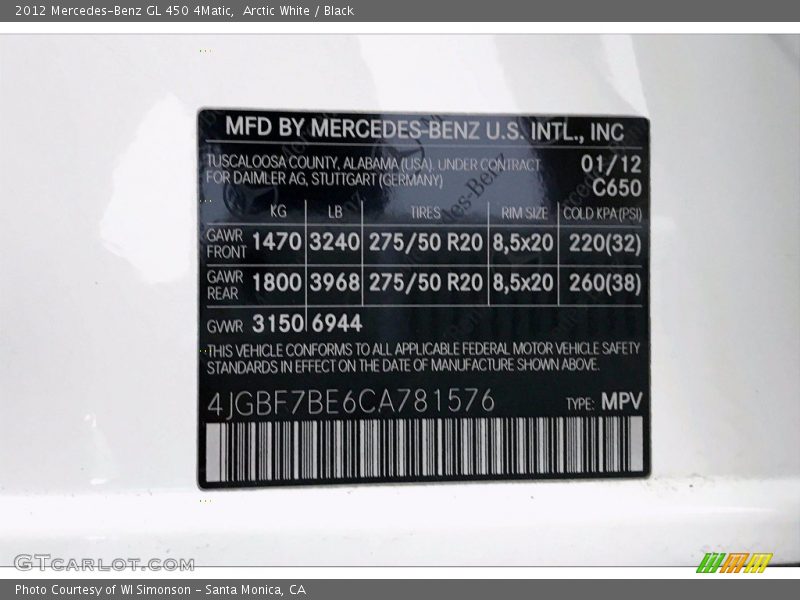 Arctic White / Black 2012 Mercedes-Benz GL 450 4Matic
