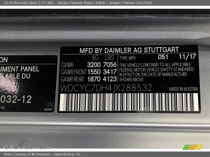 2018 G 63 AMG designo Platinum Magno (Matte) Color Code 051
