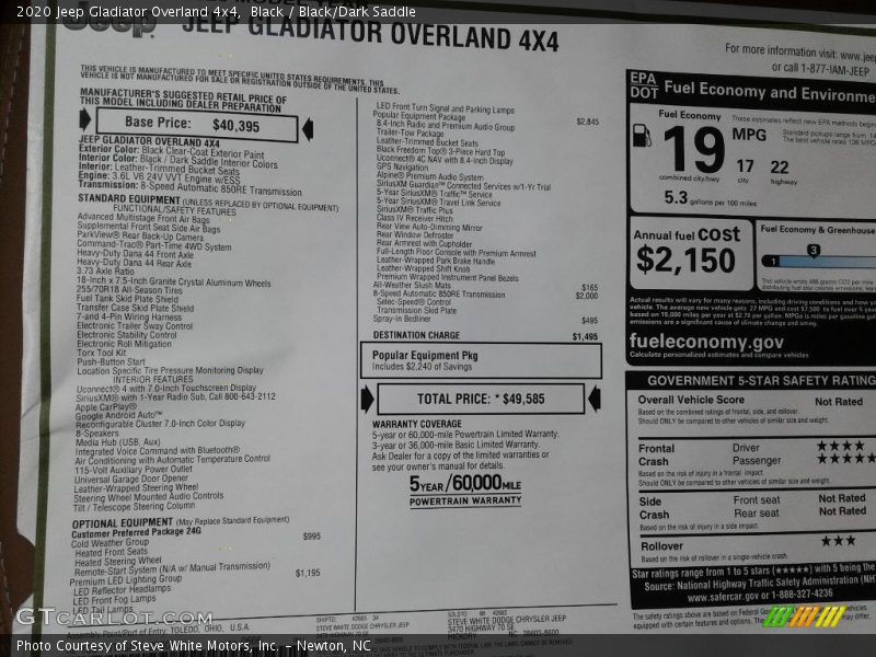 Black / Black/Dark Saddle 2020 Jeep Gladiator Overland 4x4