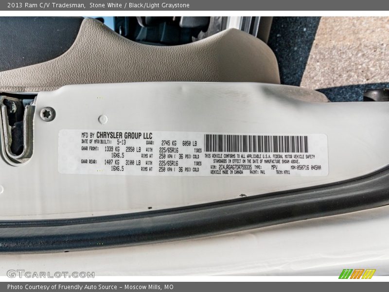 Stone White / Black/Light Graystone 2013 Ram C/V Tradesman