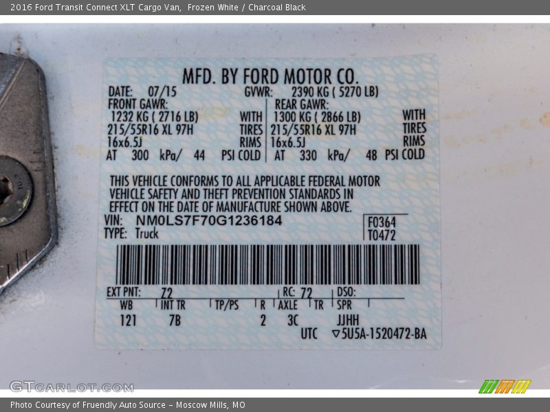 2016 Transit Connect XLT Cargo Van Frozen White Color Code Z2