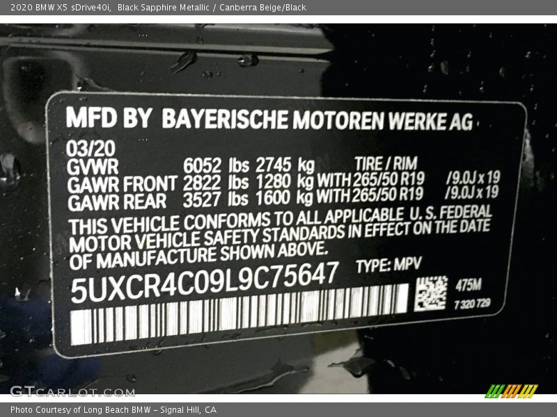 Black Sapphire Metallic / Canberra Beige/Black 2020 BMW X5 sDrive40i