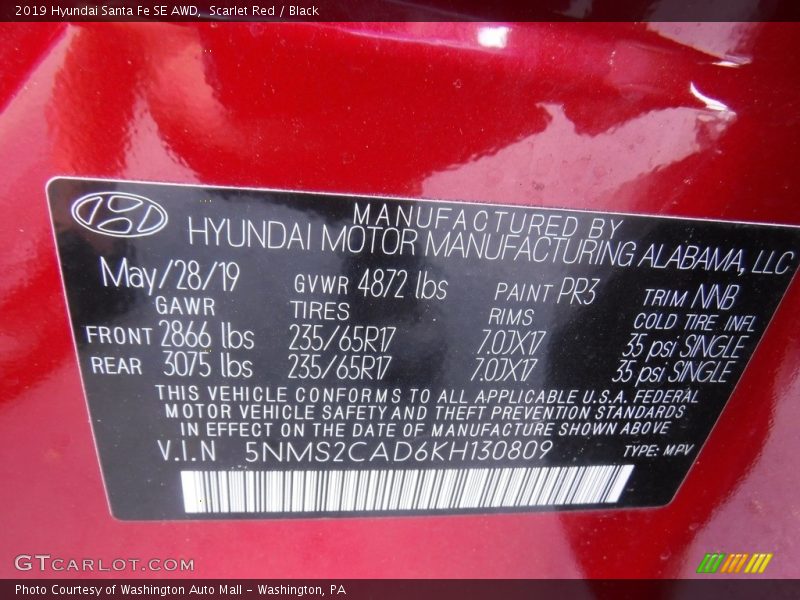 Scarlet Red / Black 2019 Hyundai Santa Fe SE AWD
