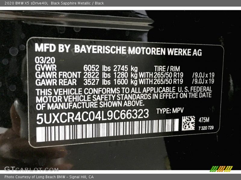 Black Sapphire Metallic / Black 2020 BMW X5 sDrive40i
