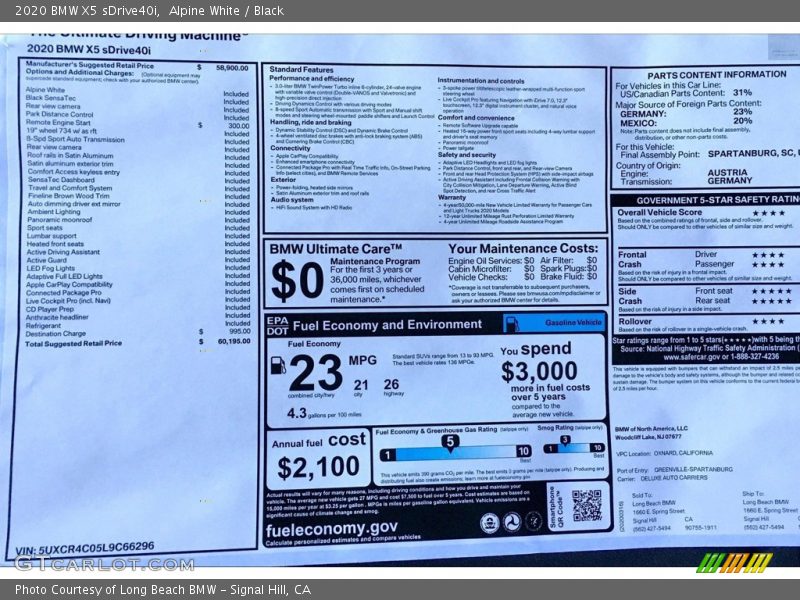 Alpine White / Black 2020 BMW X5 sDrive40i
