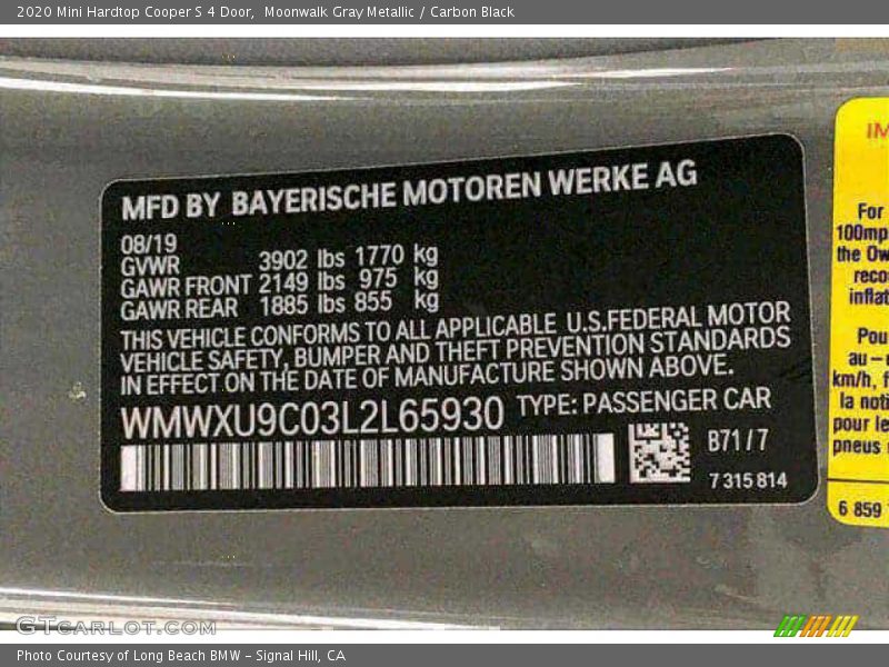 Moonwalk Gray Metallic / Carbon Black 2020 Mini Hardtop Cooper S 4 Door
