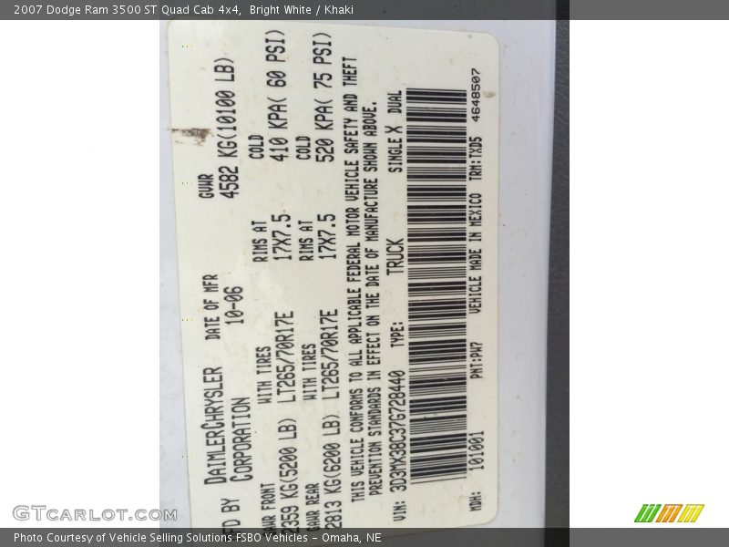2007 Ram 3500 ST Quad Cab 4x4 Bright White Color Code PW7