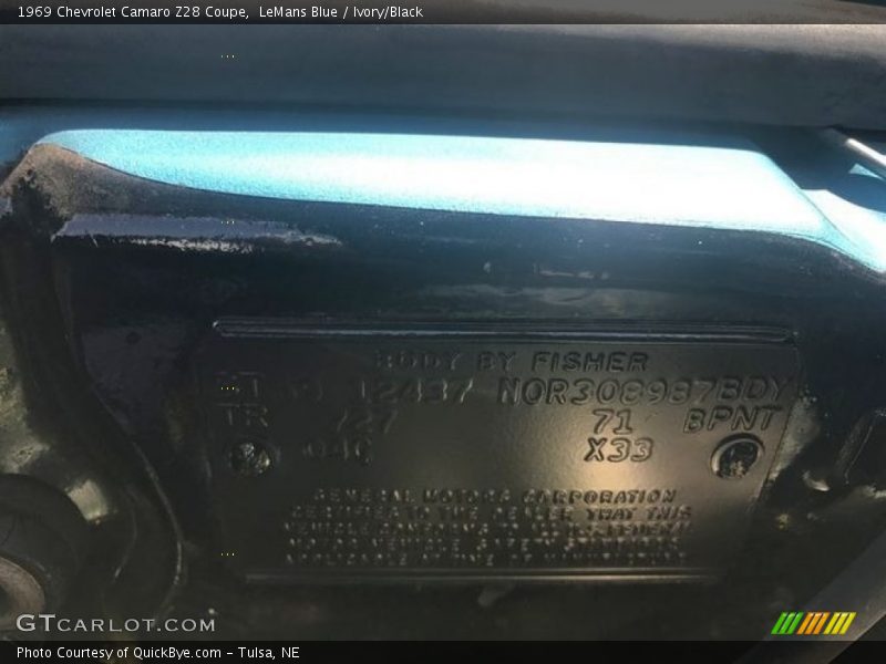 Info Tag of 1969 Camaro Z28 Coupe