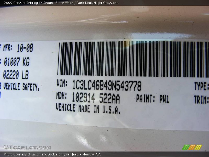 Stone White / Dark Khaki/Light Graystone 2009 Chrysler Sebring LX Sedan