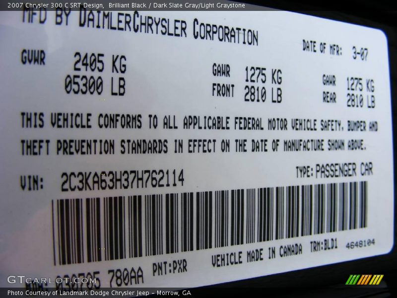 Info Tag of 2007 300 C SRT Design