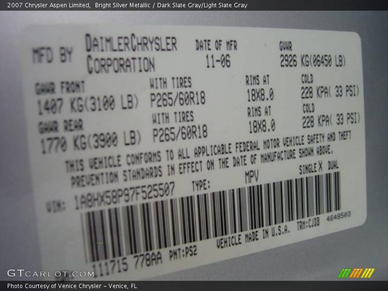 Bright Silver Metallic / Dark Slate Gray/Light Slate Gray 2007 Chrysler Aspen Limited