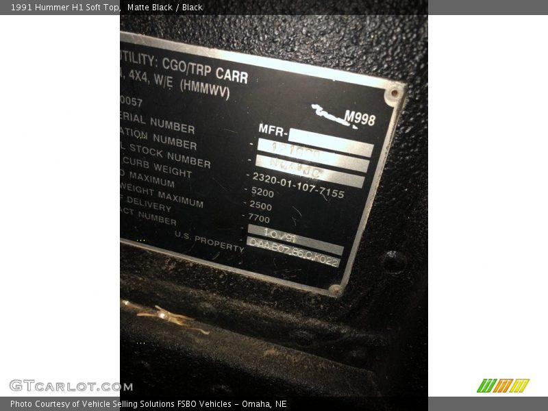Info Tag of 1991 H1 Soft Top