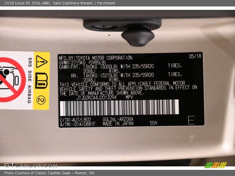 Satin Cashmere Metallic / Parchment 2018 Lexus RX 350L AWD