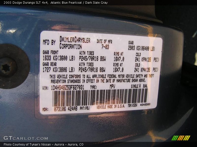 Atlantic Blue Pearlcoat / Dark Slate Gray 2003 Dodge Durango SLT 4x4