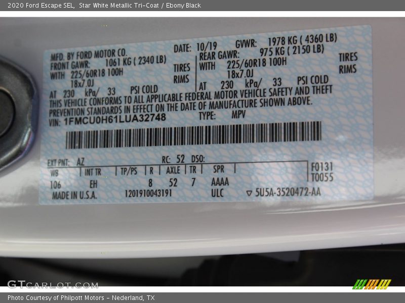 Star White Metallic Tri-Coat / Ebony Black 2020 Ford Escape SEL