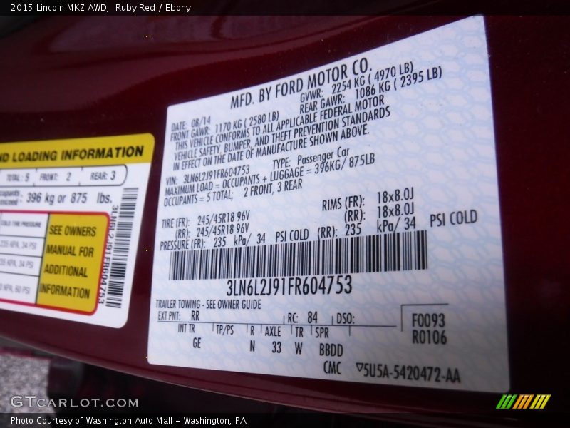 2015 MKZ AWD Ruby Red Color Code RR