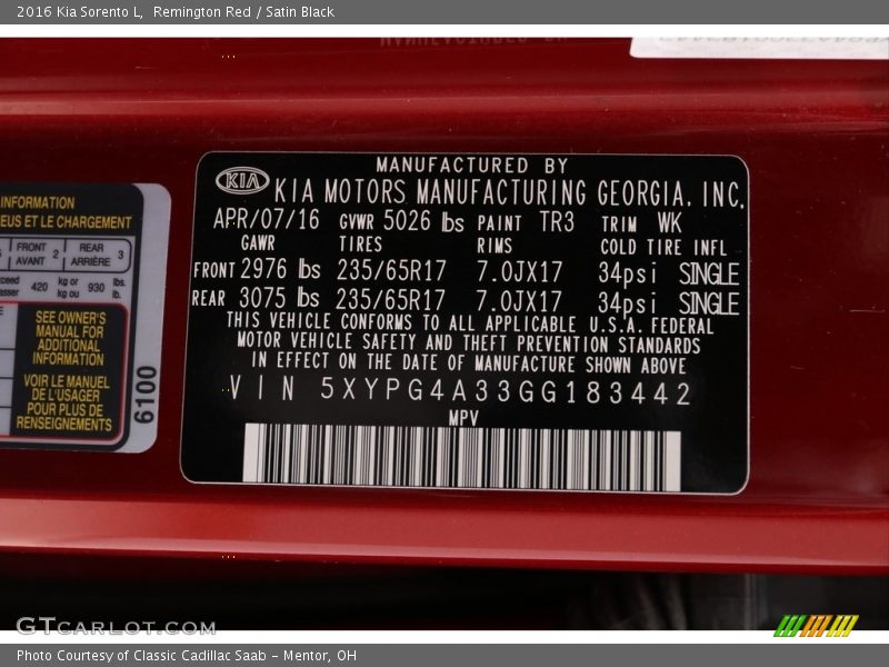 Remington Red / Satin Black 2016 Kia Sorento L