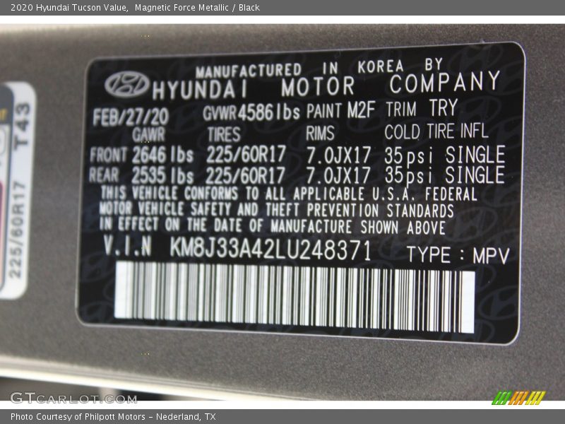 Magnetic Force Metallic / Black 2020 Hyundai Tucson Value