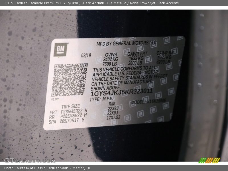 Dark Adriatic Blue Metallic / Kona Brown/Jet Black Accents 2019 Cadillac Escalade Premium Luxury 4WD