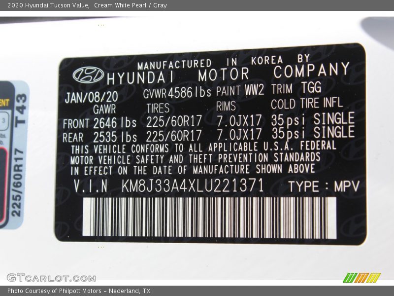Cream White Pearl / Gray 2020 Hyundai Tucson Value