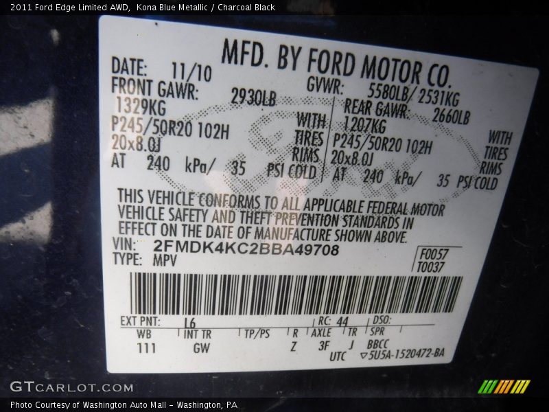 Kona Blue Metallic / Charcoal Black 2011 Ford Edge Limited AWD