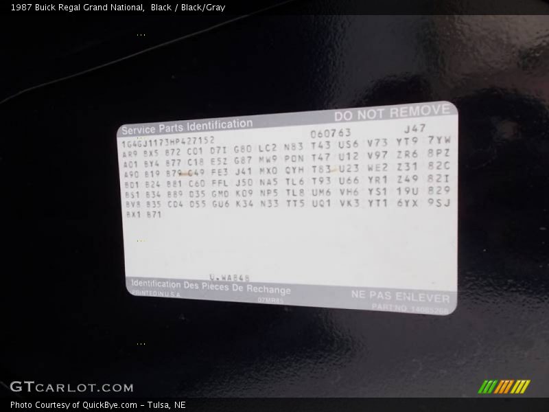 Black / Black/Gray 1987 Buick Regal Grand National