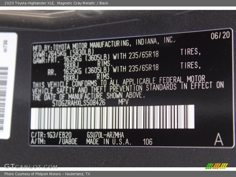 Magnetic Gray Metallic / Black 2020 Toyota Highlander XLE