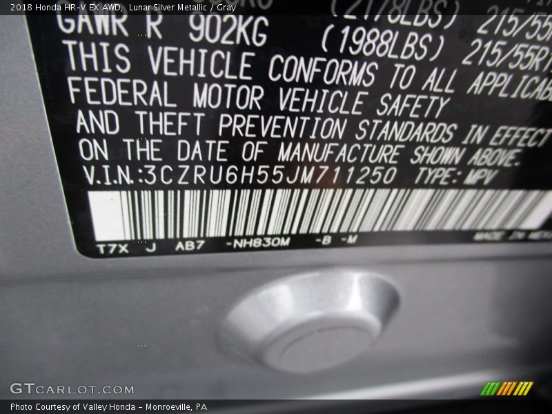 Lunar Silver Metallic / Gray 2018 Honda HR-V EX AWD