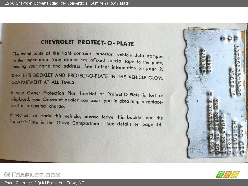 Info Tag of 1966 Corvette Sting Ray Convertible