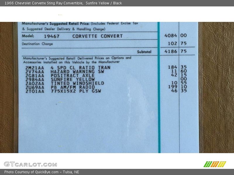 Info Tag of 1966 Corvette Sting Ray Convertible