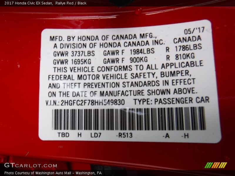 Rallye Red / Black 2017 Honda Civic EX Sedan