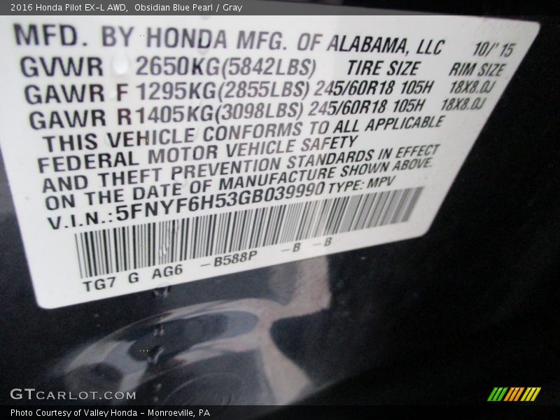 Obsidian Blue Pearl / Gray 2016 Honda Pilot EX-L AWD