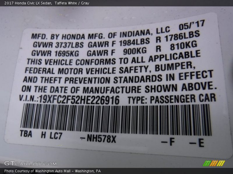 Taffeta White / Gray 2017 Honda Civic LX Sedan