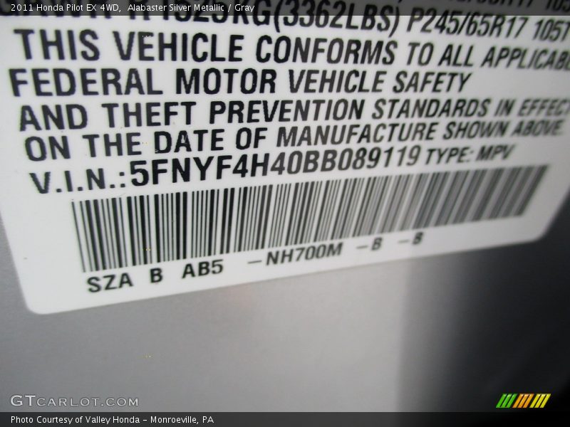Alabaster Silver Metallic / Gray 2011 Honda Pilot EX 4WD