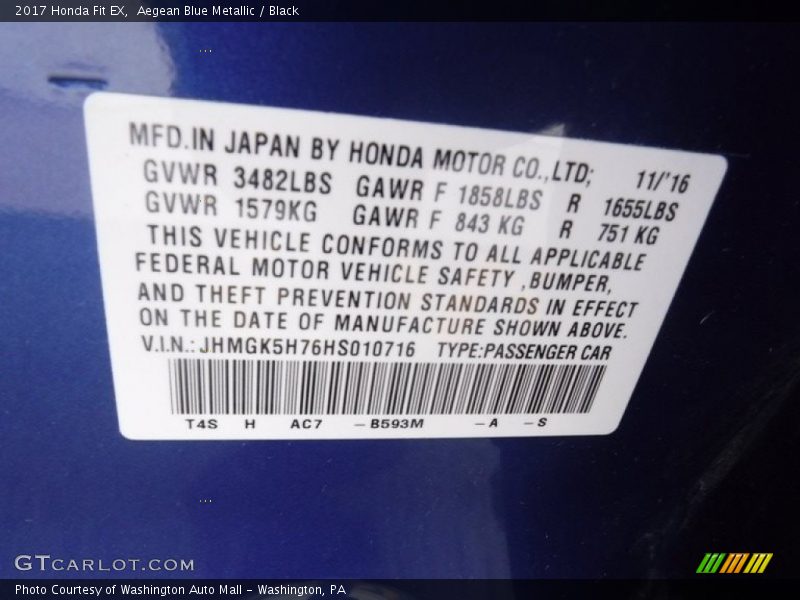 Aegean Blue Metallic / Black 2017 Honda Fit EX