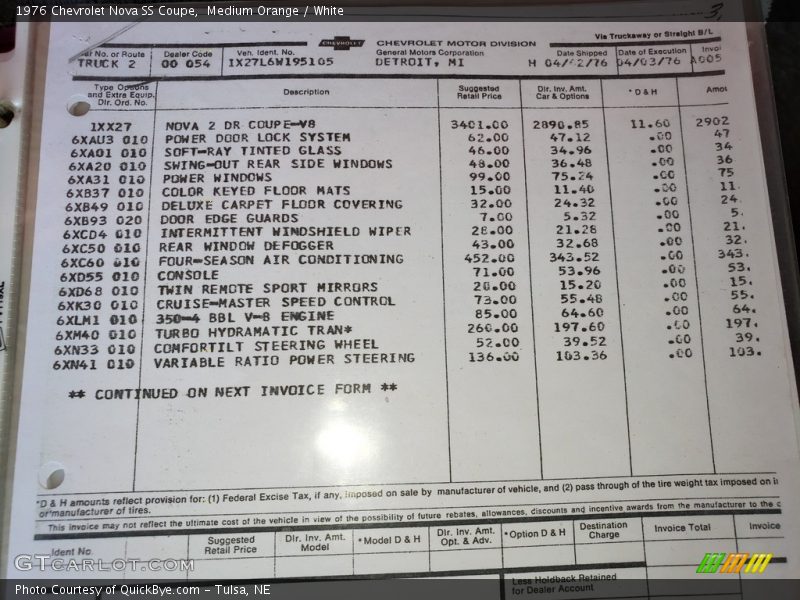 Medium Orange / White 1976 Chevrolet Nova SS Coupe