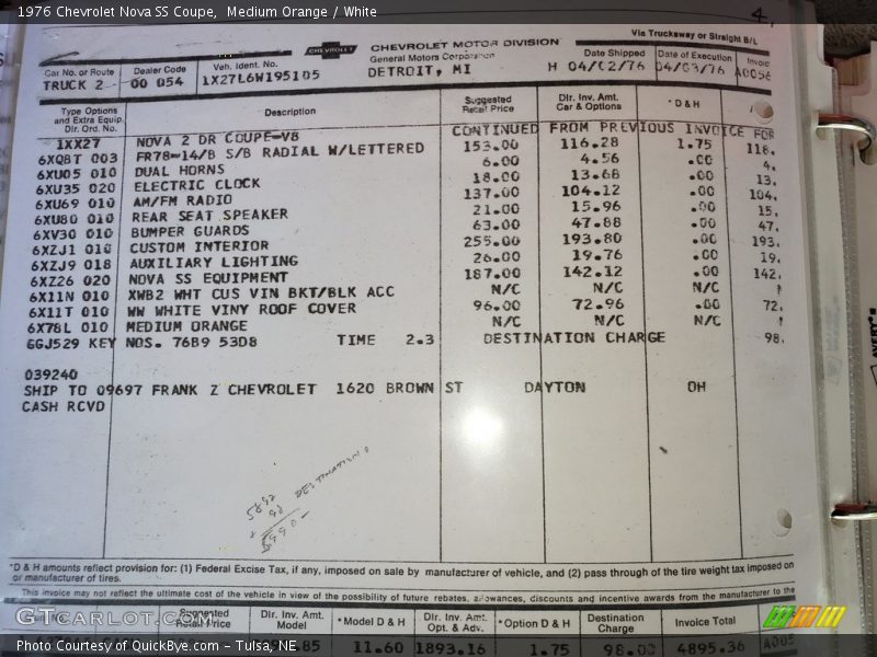 Medium Orange / White 1976 Chevrolet Nova SS Coupe