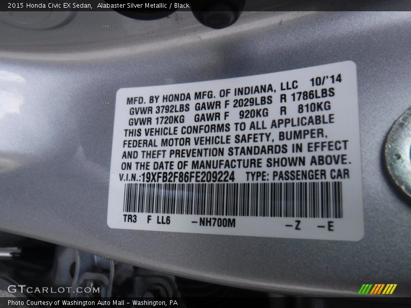 Alabaster Silver Metallic / Black 2015 Honda Civic EX Sedan