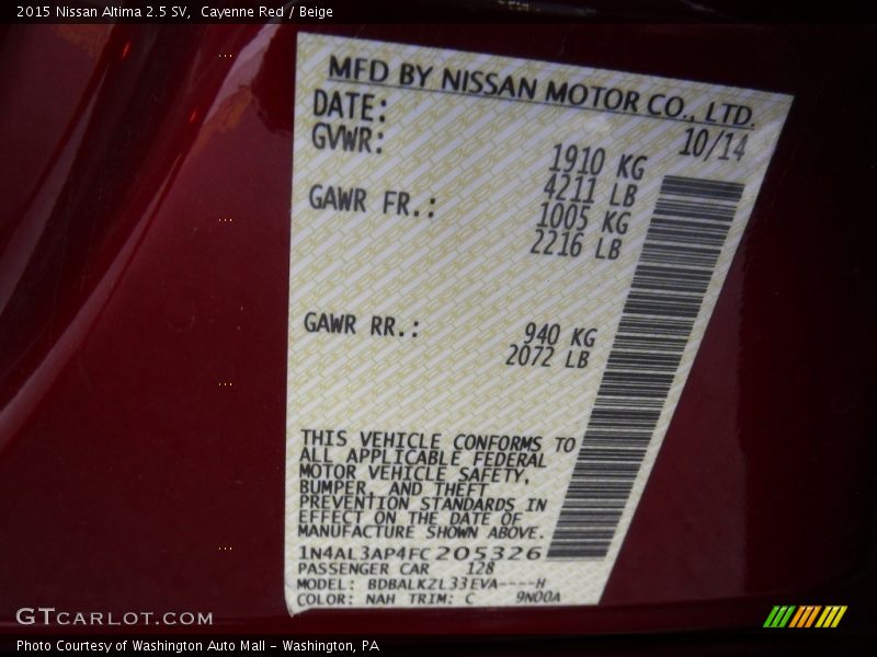 Cayenne Red / Beige 2015 Nissan Altima 2.5 SV