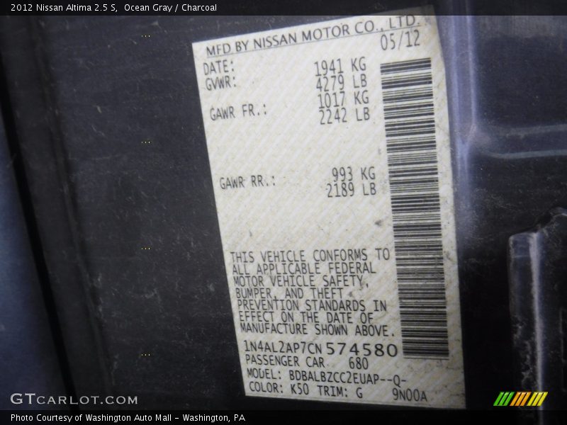 Ocean Gray / Charcoal 2012 Nissan Altima 2.5 S
