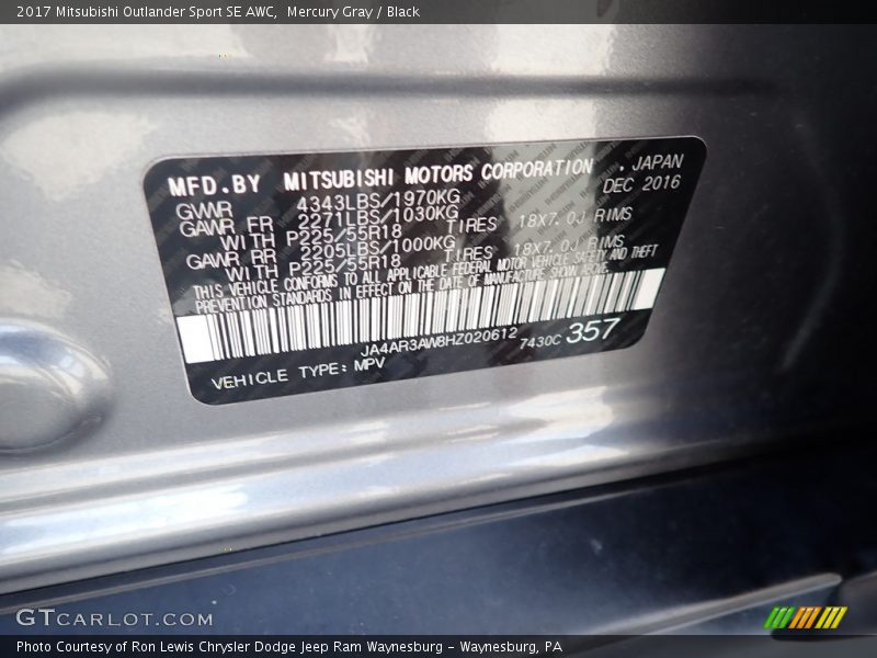 Mercury Gray / Black 2017 Mitsubishi Outlander Sport SE AWC