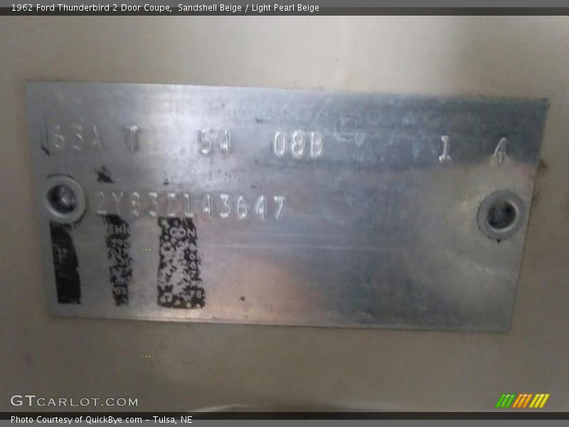 Info Tag of 1962 Thunderbird 2 Door Coupe