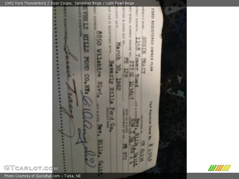 Info Tag of 1962 Thunderbird 2 Door Coupe