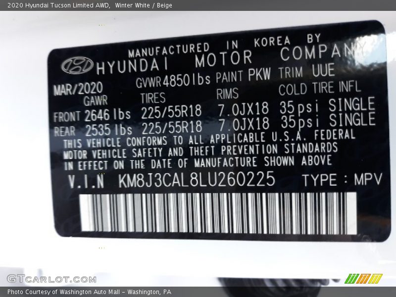 Winter White / Beige 2020 Hyundai Tucson Limited AWD