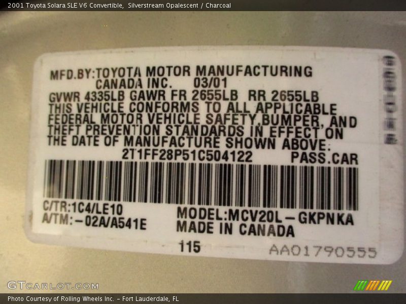 Silverstream Opalescent / Charcoal 2001 Toyota Solara SLE V6 Convertible
