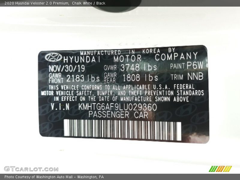 Chalk White / Black 2020 Hyundai Veloster 2.0 Premium
