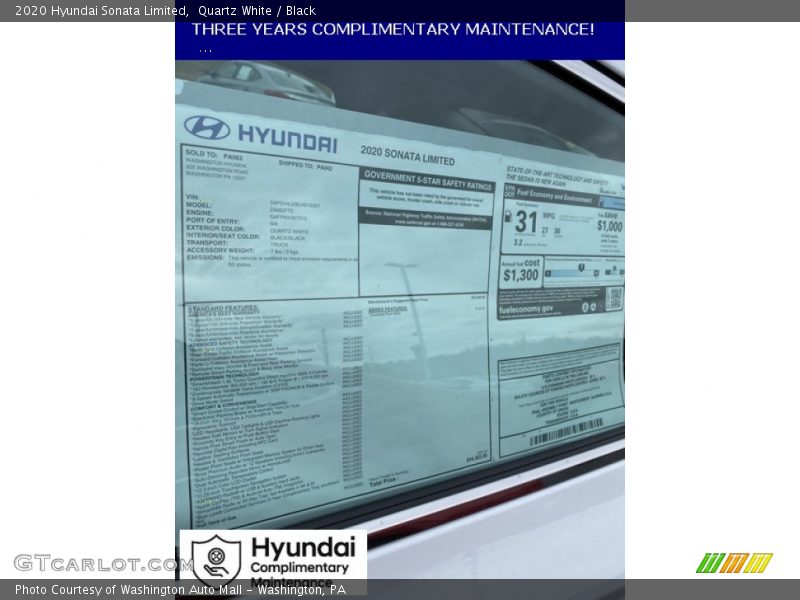 Quartz White / Black 2020 Hyundai Sonata Limited