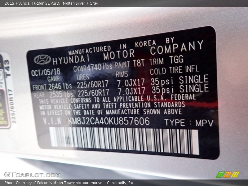 Molten Silver / Gray 2019 Hyundai Tucson SE AWD
